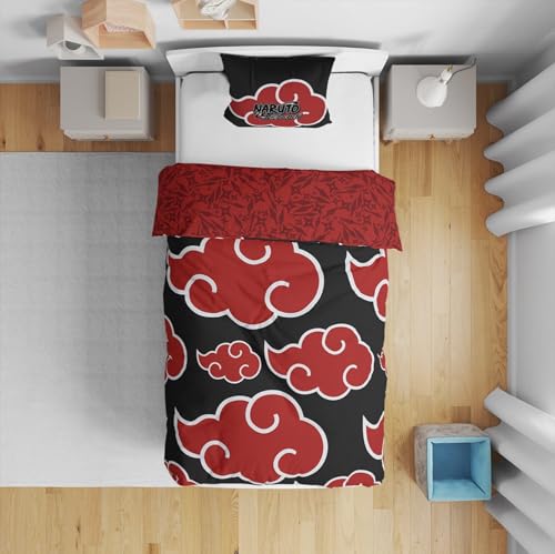 Naruto, Parure de Lit Enfant Imprimée Réversible, Akatsuki, Housse de Couette 140x200 cm, Taie d'oreiller 63x63 cm