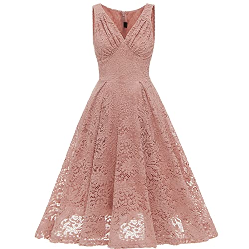 FASLOLSDP Kleid Cocktail Frauenkleid Blumen V-Ausschnitt Spitze Party...