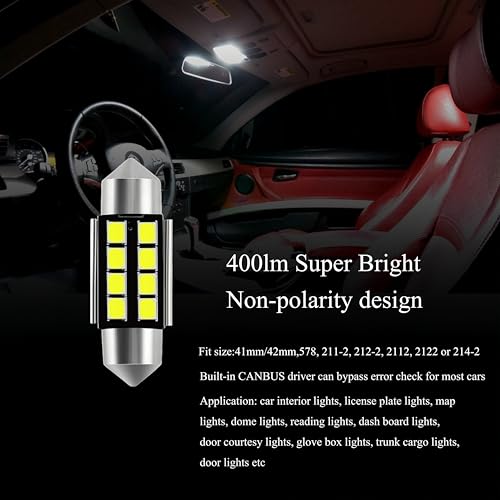 Image of WLJH 578 LED Bulb 211-2 212-2 561 562 41mm 42mm Festoon 8SMD White Canbus Error Free Car Light Interior Dome Map Trunk Cargo Footwell License Plate Lights (Pack of 10) | 211-2 212-2 561 562, 2835 SMD, 400lm, Canbus, Stable Performance, Footwell, License Plate Light, 10-Pack