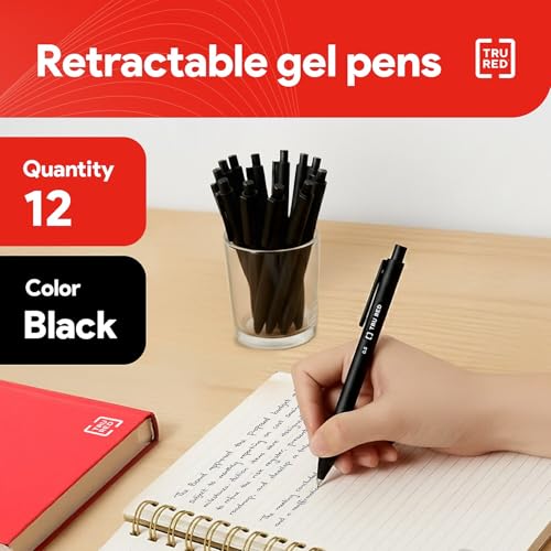 Image of TRU RED Retractable Gel Pens, Fine Point 0.5mm, Black Ink, 12 Pack - Quick‑Dry Pens for Precise, Smear‑Free Writing