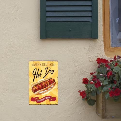 SUPERDANT Hot Dog Vintage Metallschild Fast Food Poster Küche Retro Metallschilder Vintage Metallschild Retro Metallposter Lustige Vintage Deko Für Restaurant Wohnzimmer Retro Dekor