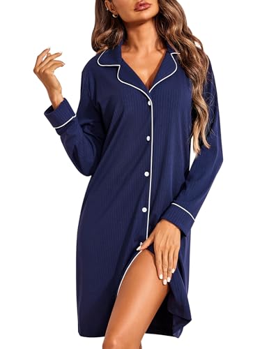 Image of Ekouaer Womens Long Sleeve Nightgowns Button Down Sleep Shirts V-Neck Night Gowns Night Shirts