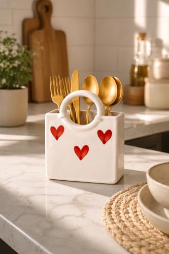 Image of Ceramic Utensil Holder, White Kitchen Organiser, Cutlery Set Holder (Heart)