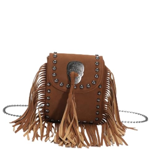 Sac à main vintage à franges pour femme, sacoche bandoulière chic avec pompon marron