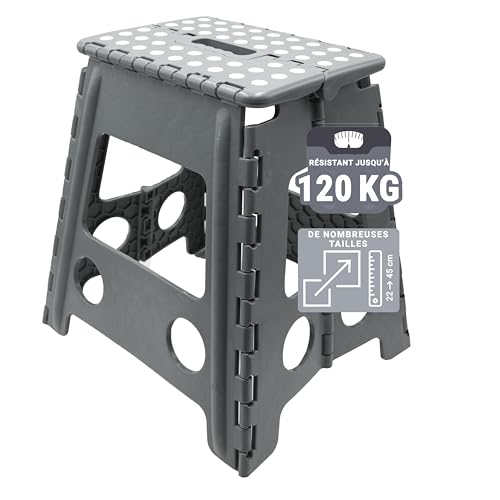 ZOLLNER-Tabouret-Pliable - Tabouret-Pliant pour Enfants et Adultes jusqu'à 120 kg - Revêtement-antidérapant - Poignée-de-Transport - Ultra-léger - Hauteur-39 cm - Plastique - Gris