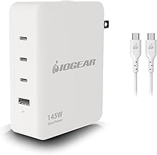 IOGEAR GearPower 145W Multiport Charger, GaN, 4 Port, USB-C Cable, iPhone 16, MacBook Pro/Air, iPad Pro, Google Pixel, Travel Wall Charger, Cable Included, GPAWC145W