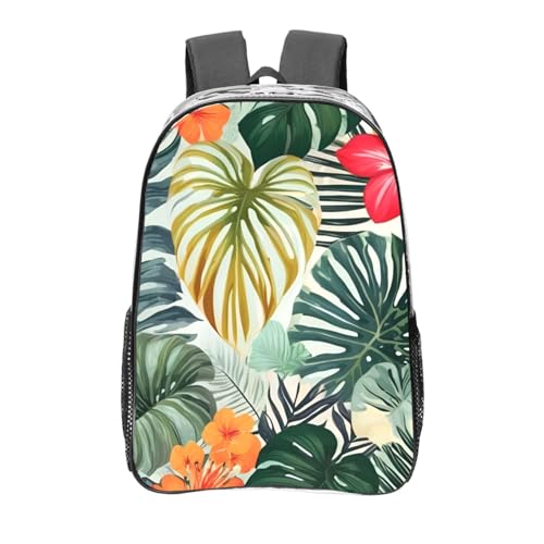 Leaves with Hibiscus Print Transparent Backpack PVC Bag Spacious Compartments Men Women Trip And Daily Use