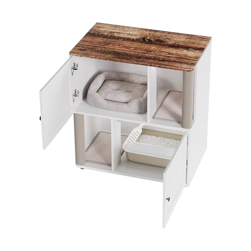 Garvee Cat Litter Box Enclosure for 2 Cats, Double Hidden Litter Box Furniture Cabinet with 2 Scratch Mat and Scratch Post, Modern Farmhouse Wooden Enclosed Cat Washroom, End Side Table