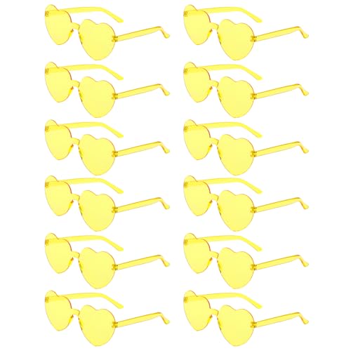 LYMOJOR 12 Pairs Yellow Heart Sunglasses for Women Candy Color Rimless Fun Heart Glasses for Women Party Favors