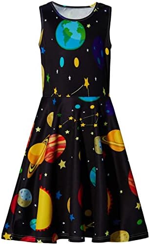 Kids Girls Planets Dress Fancy Black Tunic Space Fun Design Science Love Belle Princess Slim Fit Swing Twirl Ruffles A Line Skirts 6 7 Years Old Little Children Casual Spring Summer Daily Party