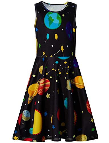 Kids Girls Planets Dress Fancy Black Tunic Space Fun Design Science Love Belle Princess Slim Fit Swing Twirl Ruffles A Line Skirts 6 7 Years Old Little Children Casual Spring Summer Daily Party #TOP7