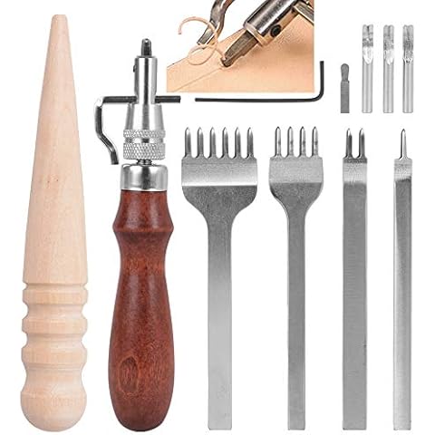 Leder Werkzeuge Set Handwerkzeuge Couture Leder Handwerk Handnähen,1 Set Loch Stanzen Nähte Punch Werkzeug Stift +1 Set Lederhobel leder Groover +1 Runde Lederhandwerk Werkzeug Kantenpolierer Cover