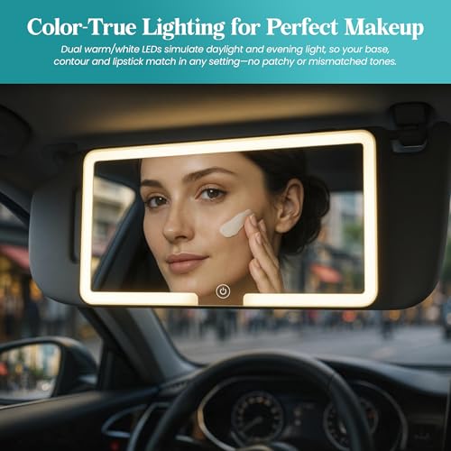 Image of LED Car Mirror with 3 Light Modes and Dimmable Touch Control | Rechargeable Makeup Vanity Mirror with 2000mAh Battery, USB Cable, and Universal Fit for All Car Sun Visors
