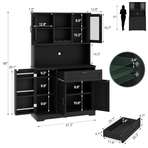 Image of Shintenchi Kitchen Pantry Storage Cabinet, Freestanding Buffet Cabinet with Microwave Stand & 3 Door Shelves, Kitchen Hutch with Doors, Adjustable Shelves and Wine Rack, Black