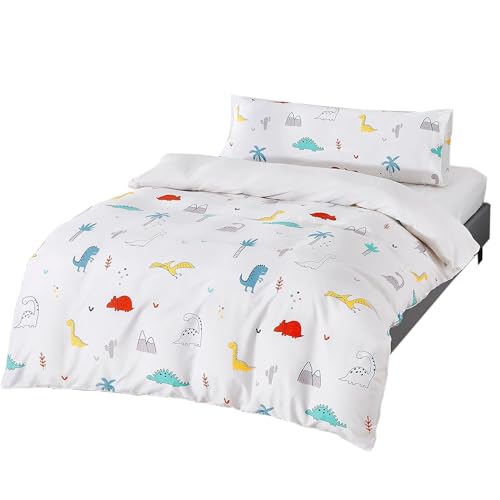 various Juego de Funda Nórdica Infantil para Cama 90cm de 3 Piezas - Funda Nórdica 150x220cm, 1 Funda de Almohada 45x70cm y Bajera Ajustable 90x190, Poliéster Suave y Transpirable (Dinosaurio Blanco)