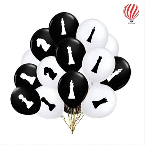 Image of HK Balloons Chess Theme Black & White Balloons Set for Kids Birthday Party Decoration | Chess Themed Latex Balloons Kit for Boys & Girls | Helium Supported Party Supplies | 60 Pcs