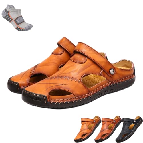 Large Size Soft Leather Men's Breathable Outdoor Sandals, Mens Outdoor Leather Sandals Closed Toe, Casual Beach Sandals