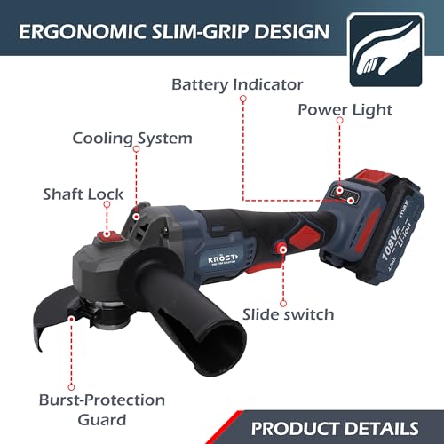 Image of KROST ECO Series 21V Brushless Cordless Angle Grinder 115mm with 4.0Ah Li-ion Double Battery With Smart Variable Speed Control & Battery Indicator