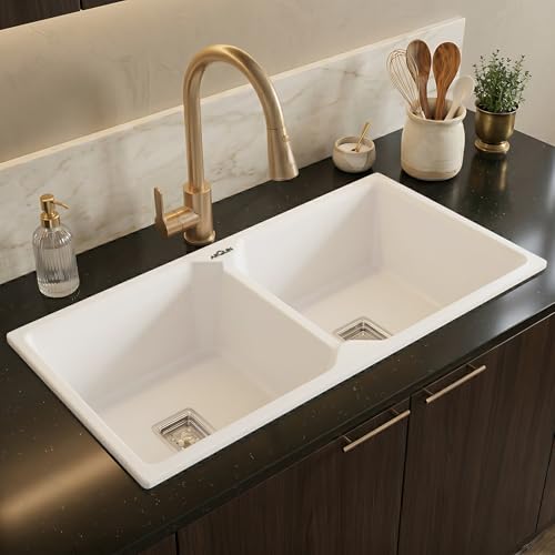 Image of ARQUIN Double Bowl Quartz Kitchen Sink 37x18x9 Inch White | Durable & Scratch-Resistant Sink | Undermount,Topmount | Including Coupling,Sink Connector,Waste Pipe & Fruit Washing Basket