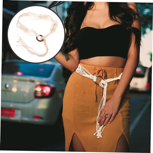 FRCOLOR Boho Handmade Woven Waist Belt for Women with Shell Wood Buckle Decorative Wax Rope Band for Dresses Skirts Jeans Elegant Costume Accessory for Teen and Ladies3
