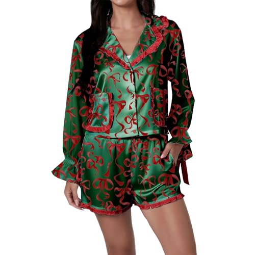 Argeousgor Womens Christmas Pajamas Sets Print Button Up Long Sleeve Lapel V Neck Tops and Shorts Lounge Wear 2 Pcs Set (a Green Bow S)