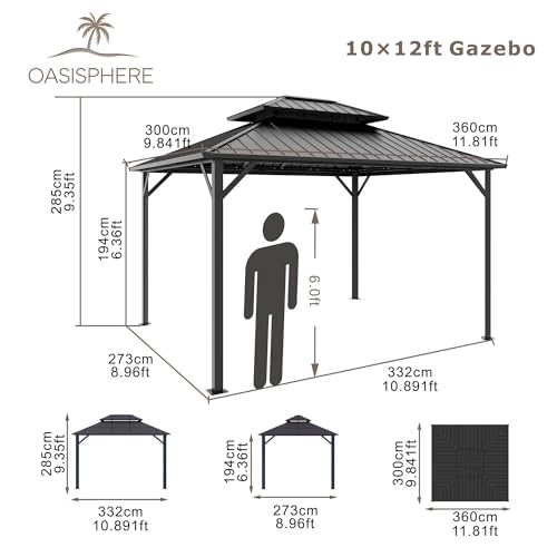 10'x12' Hardtop Gazebo, Double-Layer Galvanized Steel Roof Gazebo, All-Season Aluminum Frame Pavilion with Privacy Curtains and Netting for Patio, Garden, Hot Tub & Backyard