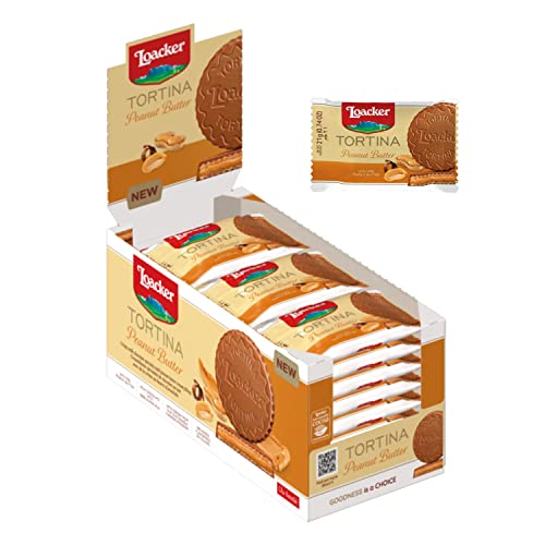 Loacker Tortina (Peanut Butter) • Knusprige Waffeln mit Erdnussbutter-Creme • Runde Waffel Törtchen zum Kaffee • Erdnuss Waffelkekse (24 x 21g)