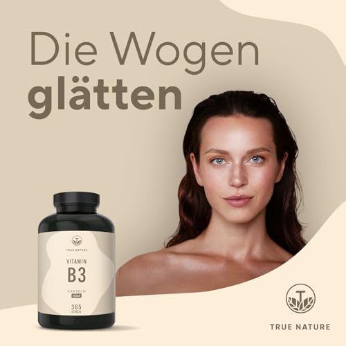 Vitamin B3 Niacin - Hochdosiert: 500mg Nicotinamid - 365 Kapseln - 1 Jahr Vorrat - Flushfree - unterstützt Energiestoffwechsel, Haut und Nerven* - Vegan & Deutsche Produktion - TRUE NATURE