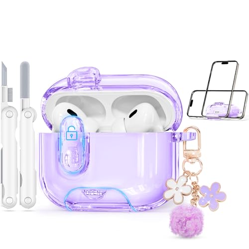 Image of for AirPods Pro 2nd 1st Case with Safety Lock,Clear Purple | Clear Case with Phone Stand & Cleaner Kit,Cute Floral Chain for Women Girls,Soft TPU Protective Cover,Shockproof