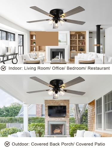 Image of 52 Inch Flush Mount Farmhouse Ceiling Fan with Lights and Remote | Rustic Fandelier Ceiling Fan, Low Profile Chandelier, 5 Dual Blade, for Bedroom Living Room, Reversible DC Motor 6 Speeds