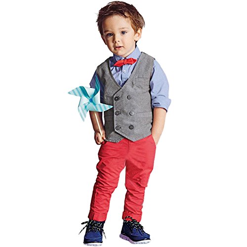 Boys Formal Dresswear Vest Suit Kid Waistcoat Bowknot Shirt Outfit Set Gray