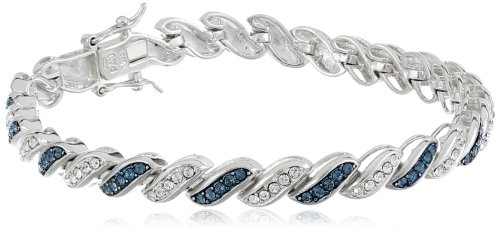 Sterling Silver Montana Blue and White Swarovski Elements Crystal Alternating Twisted Bracelet (4mm), 7.25