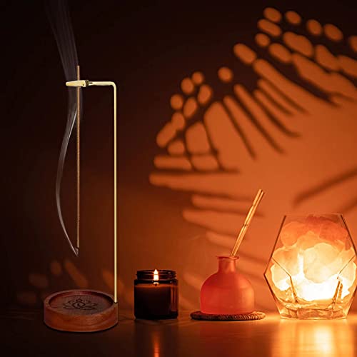 Incense Holder For Sticks Ash Catcher,Handmade Upside-Down Wooden Incense Burner, With Brass Incense Sticks Holder, Modern Incense Burner Ash Catcher Ideal For Home Décor (Upside-Down+Incense Tray) #TOP5