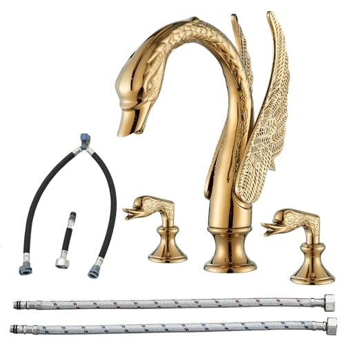 Vidugg Gold Swan Bathroom Sink Faucet 3 Holes Widepspread Bathroom Faucet Double Swan Handles Basin Faucet Sink Mixer Tap Bathroom Vanity Faucets Contemporary Sink