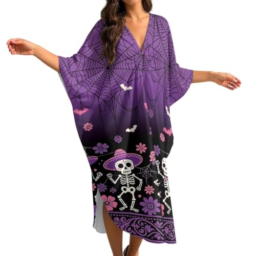 Jekioweii Kaftan Dresses for Women Plus Size Halloween Skeleton Floral