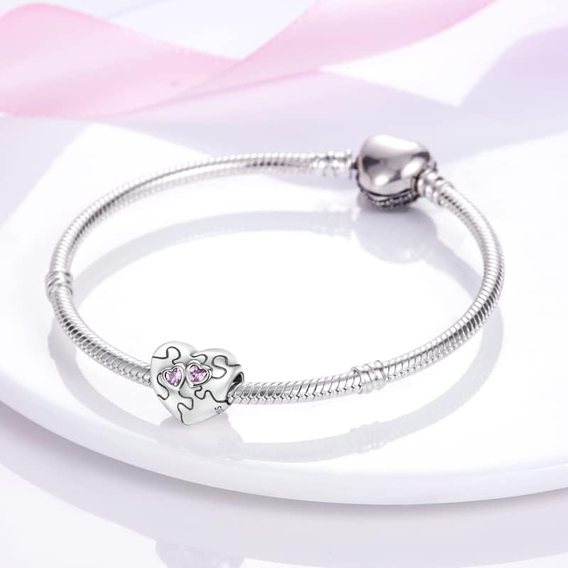XinYouZhi Pink Heart Puzzle Charm S925 Sterling Silver Bead with Cubic Zirconia Bracelet Necklace Pendant Jewelry Birthday Valentines Day Choices for Women - Image 2
