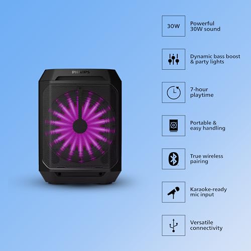 Philips TAX2208 Bluetooth Party Speaker with Free Wired Mic, 8 Speaker System, 30W Max Sound Output, Up to 7H Playtime, Dynamic Bass Boost, Party Light Modes, True Wireless Pairing, Portable (Black) view 2