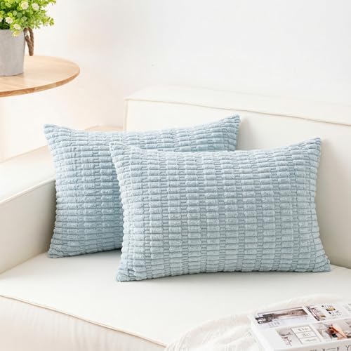 Image of Pack of 2 Corduroy Decorative Throw Pillow Covers 12x20 Inch, Sky Blue | Fall Soft Striped Pillow Covers Modern Farmhouse Home Decor Christmas Throw Pillow Covers for Sofa Living Room Couch Bed