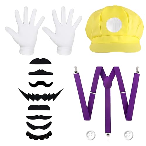 AXERHK Mario Kostüm, Halloween Kostüme, 14 Stück Kostüm Accessories Hut Schultergurte Handschuhe Bart Taste, Ideal für Mottopartys und Cosplay Veranstaltungen