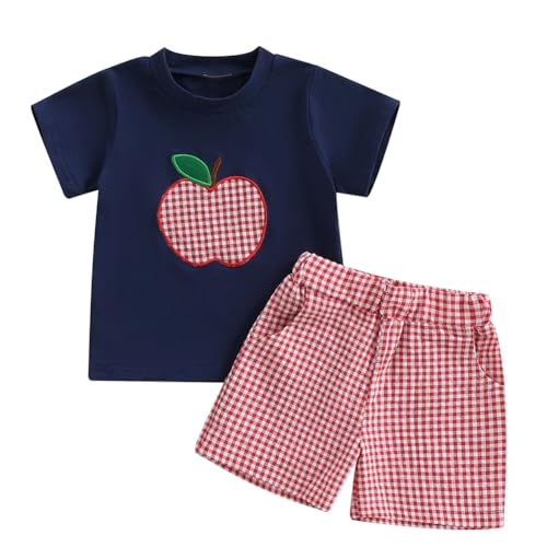 Image of Pudcoco Kids Toddler Boys Back to School Outfit Apple Applique Shirt + Plaid Shorts First Day of School Clothes Set