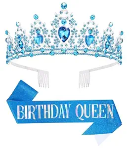 Birthday Tiara Crown with Sash for Women, Headband Hair Accessories for Wedding Party Costume (B-Blue)