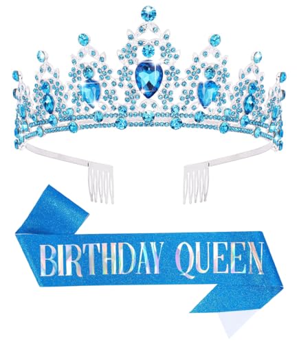 Birthday Tiara Crown with Sash for Women, Headband Hair Accessories for Wedding Party Costume (B-Blue)