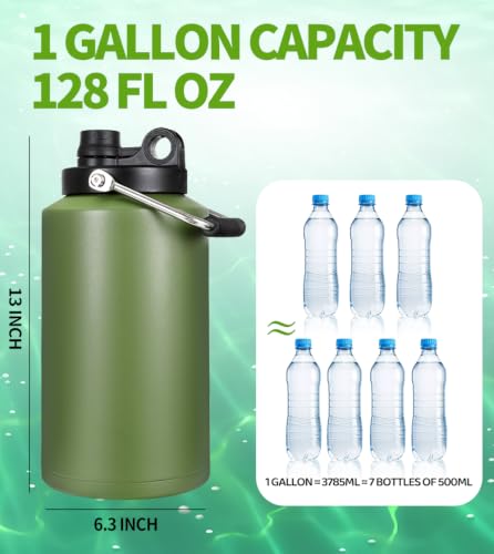 Image of Insulated Water Bottle,1 Gallon Jug with Handle, 128oz Stainless Steel, Large Water Wide Mouth Bottle for Hot & Cold Drinks, Ideal for Travel, Camping, Family (Green)