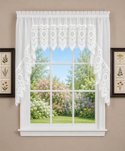 Today's Curtain, Diana Macramé Tergal Sheer Swag 38", White, 70" W x 38" L