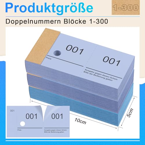 Nezyo Doppelnummern Blöck 1-300 Tombola Lose mit Zahlen Nummernblöcke Zahlenblöcke 10cm X 5cm Raffle Tickets für Garderobe Verlosung Events Messen Eintrittskarten(Hellblau, Blau, Dunkelblau)