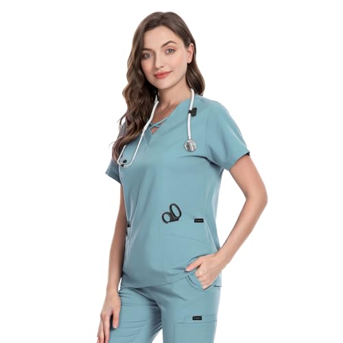 Image of VIAOLI Scrubs for Women Set Modern V-Neck Top & 8 Pocket Jogger Pants Nursing Uniform Solid Stretch Workwear