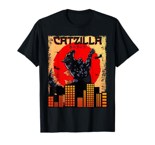 Catzilla japonais vague vintage Sunset drôle Cat Art T-Shirt