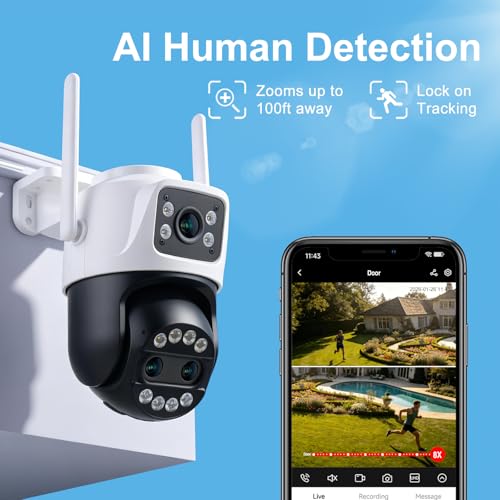 Image of Outdoor Camera Wired 3 Lens, 32GB Local Storage, 8X Hybrid Zoom, WiFi Security Cameras 24 /7 Recording, Pan /Tilt 360 View Auto Tracking, Free AI Detection, Color Night Vision, 2 Way Talk