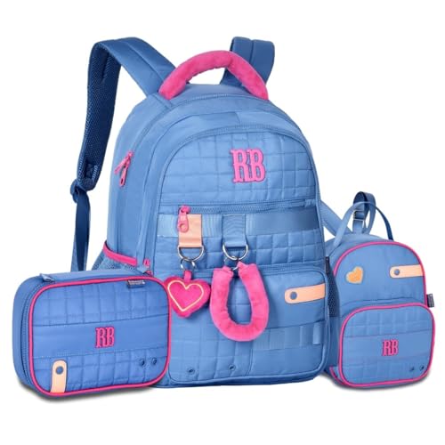 Mochila com Lancheira Térmica e Estojo Feminino Kit Rebecca Bonbon Pelúcia (Azul)