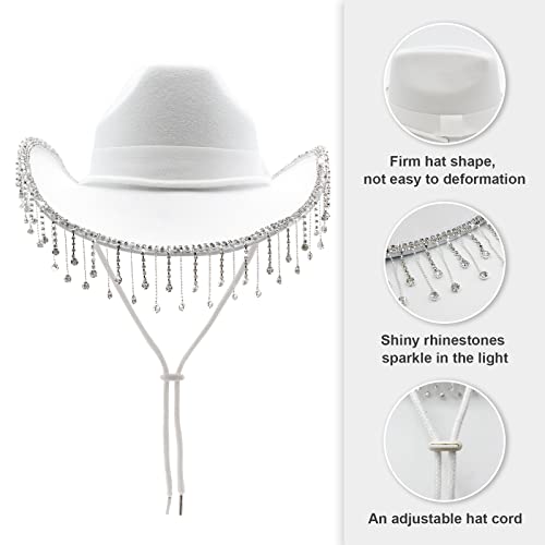Mumuwu Cowgirl Hat With Rhinestone Fringe Wide Brim Western Style Cowboy Hat For Women For Party Music Festival White #TOP1